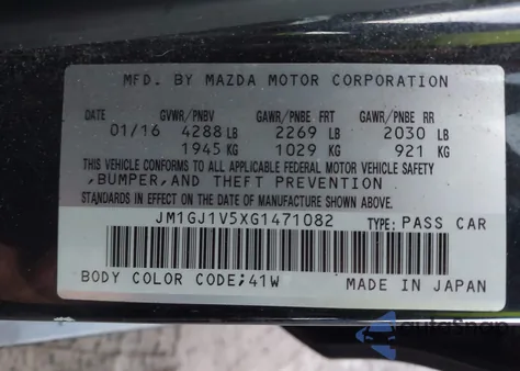 2016 Mazda Mazda6 I Touring from USA, damaged, VIN JM1GJ1V5XG1471082